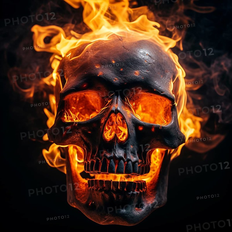 Spooky and scary burning skull on a dark background. Perfect for Halloween or horror-themed projects, AI generated