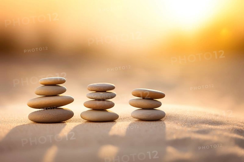 Zen stones stack on sand waves in a minimalist setting for balance and harmony. Balance, harmony, and peace of mind, wellness, meditation, and spirituality concept, AI generated