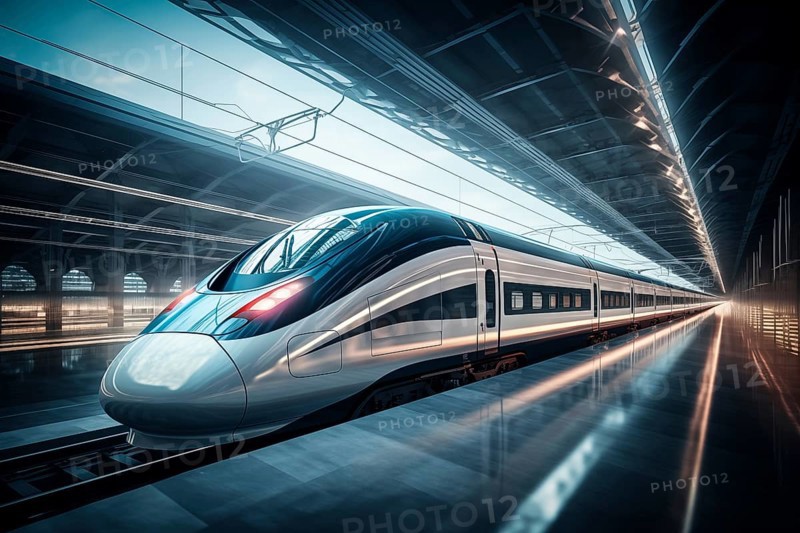 Modern high speed train in a futuristic train station. Modern transportation technology, speed, travel concepts. Railroad with motion blur effect, AI generated