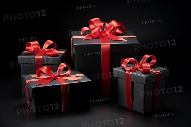 A black Friday Sale concept with black present boxes with red ribbons on a black background, AI generated