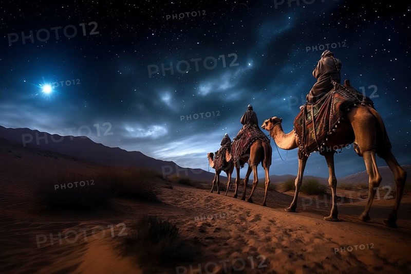 Christmas Jesus birth concept, Adoration of the Magi, Three Wise Men, Three Kings, and the Three biblical Magi with camel silhouettes journeying in sand dunes of desert follow Bethlehem star at night, AI generated