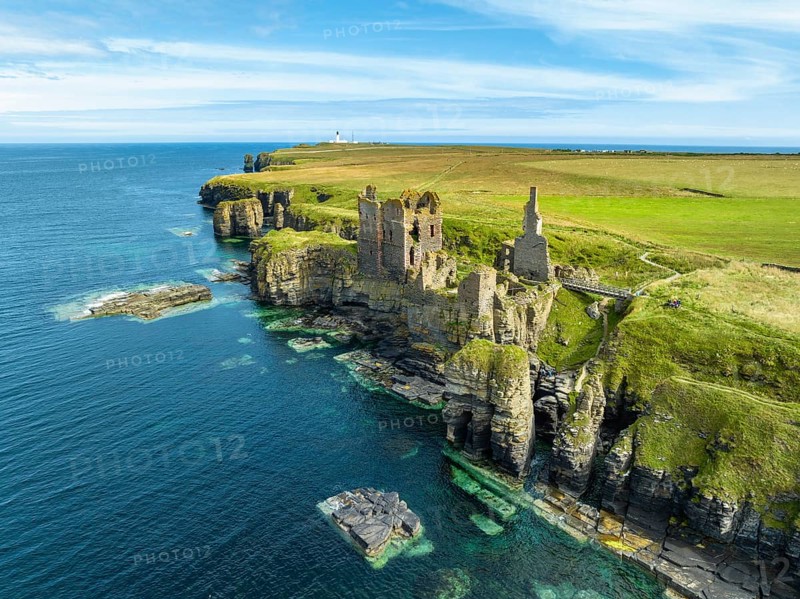 Aerial view of Girnigoe and Sinclair Castle ruins, rock castle on the North Sea coast, Wick, County Caithness, Scotland, United Kingdom, Europe