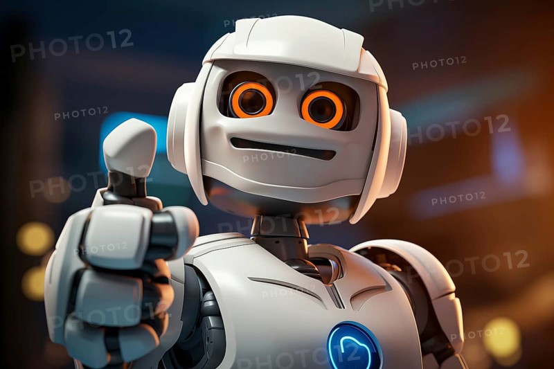 Robot showing a thumbs up gesture. The friendly robot has big round eyes and a friendly smile. Concept of artificial intelligence technology approval agreement, success, friendliness, AI generated