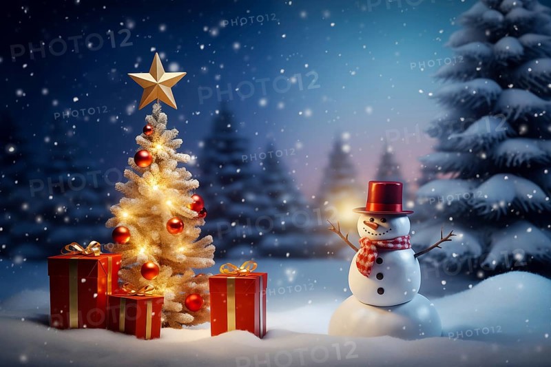 Peaceful and serene Christmas scene with a decorated Christmas tree with gifts presents and a cute snowman in a snowy forest, AI generated