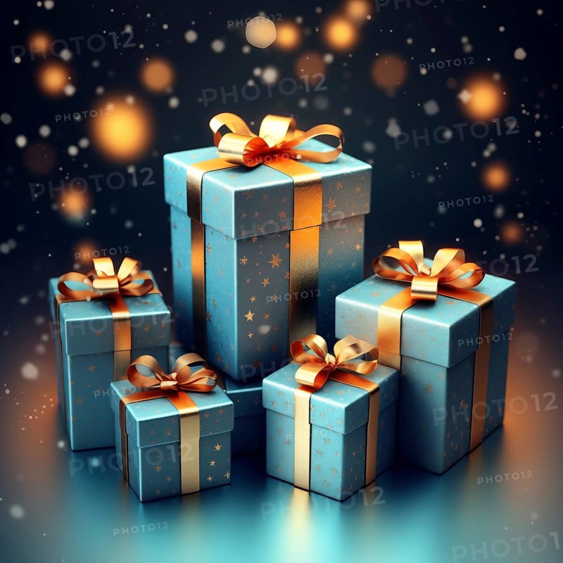A pile of blue Christmas presents gift boxes on blue background. The image captures the festive merry and joyful spirit of the holiday season, AI generated