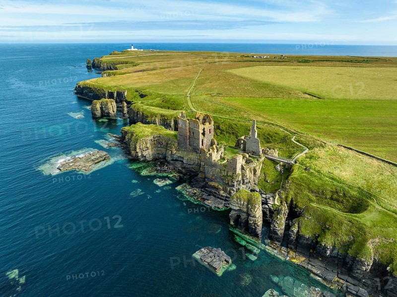 Aerial view of Girnigoe and Sinclair Castle ruins, rock castle on the North Sea coast, Wick, County Caithness, Scotland, United Kingdom, Europe