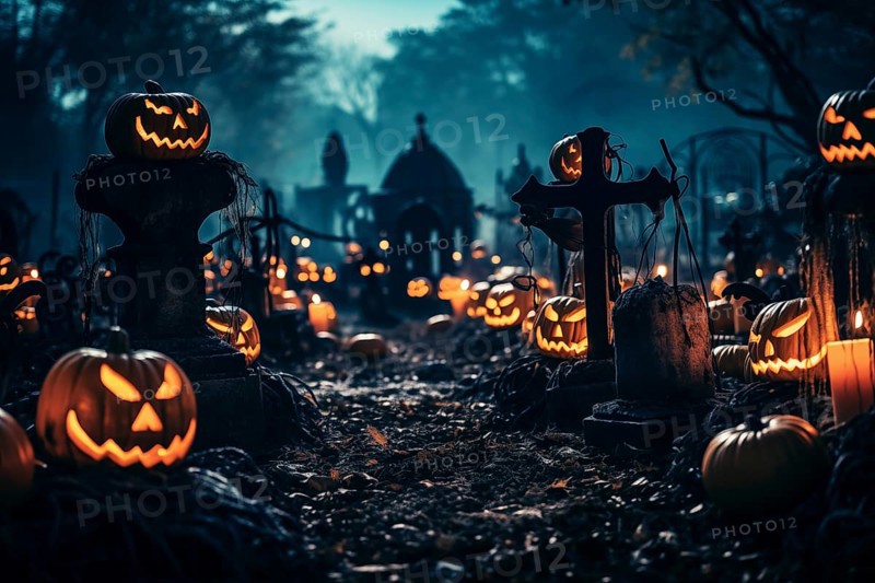 Halloween concept, spooky graveyard at night under full moon with Halloween jack-o-lantern pumpkins with glowing eyes, graves and tombstones, AI generated