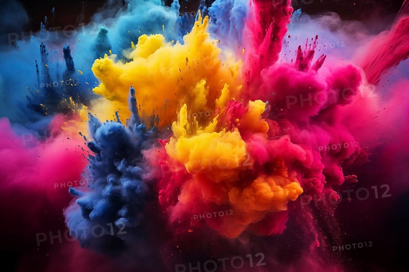 Holi background, vibrant and colorful powder smoke explosion on black background, AI generated