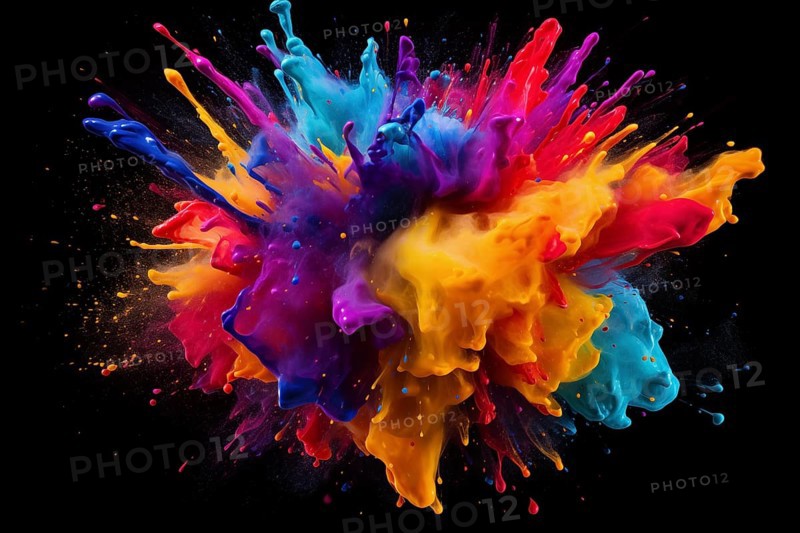 Abstract background of vibrant colorful paint splashes on black background, AI generated