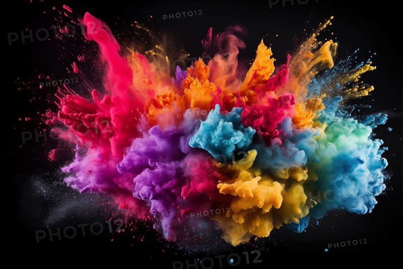 Holi background, vibrant and colorful powder smoke explosion on black background, AI generated