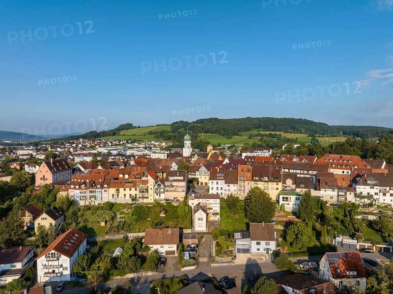 Aerial view of the town of Stockach with the church of St. Oswald in the upper town, historic town centre, Hegau, Constance district, Baden-Württemberg, Germany, Europe