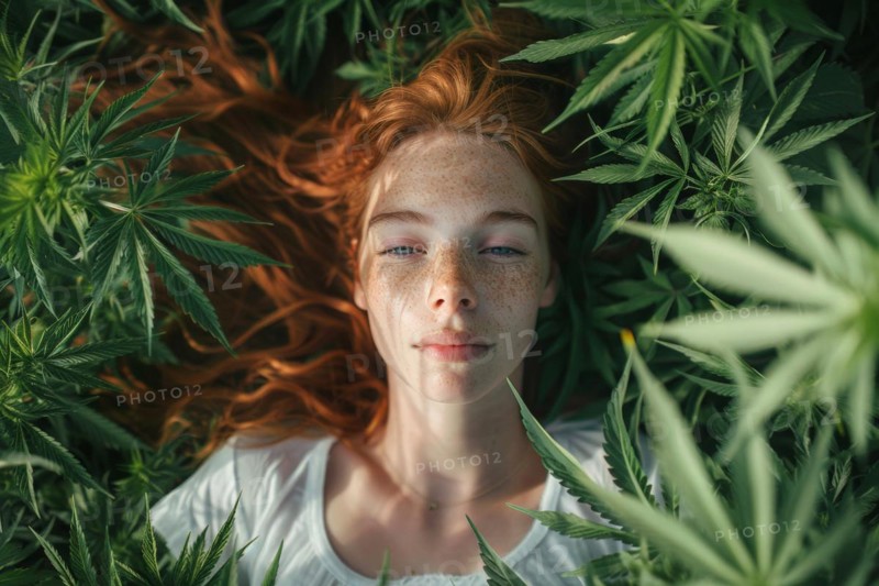 Top view, portrait, young woman lying relaxed in a hemp field, surrounded by hemp leaves, cannabis, industrial hemp, symbolic image, drug use, illegal, legal, for medical, industrial purposes or food production, AI generated, AI generated, AI generated