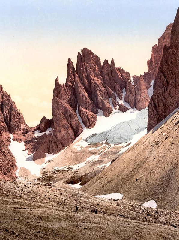 The mountain Fünffingerspitze, Punta delle Cinque Dita, South Tyrolean Dolomites, formerly Austro-Hungary, today Italy, c. 1890, Historic, digitally restored reproduction from a 19th century original The mountain Fünffingerspitze, Tyrol, former Austro-Hungary, today Italy, 1890, Historic, digitally restored reproduction from a 19th century original