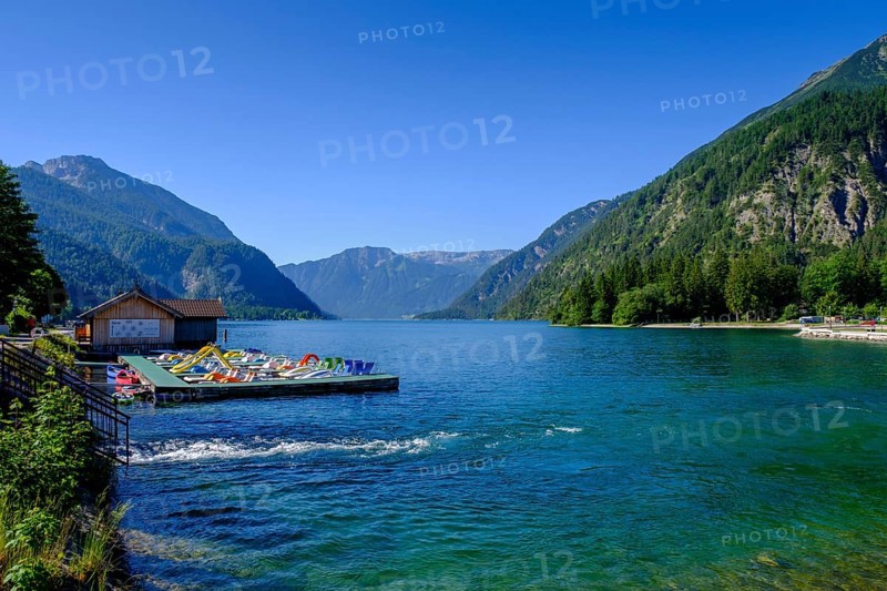 Bathing beach with boat hire, near Achenkirch, Achensee, Tyrol, Austria, Europe