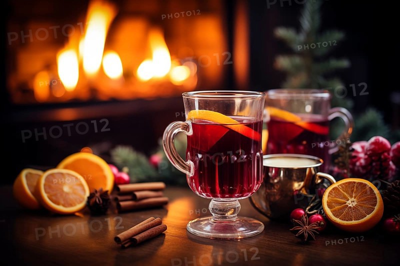 Two glasses of traditional mulled wine with orange and cranberry garnishes on a cozy Christmas table. The background is blurred with bokeh lights and candles, creating a warm and festive atmosphere, AI generated