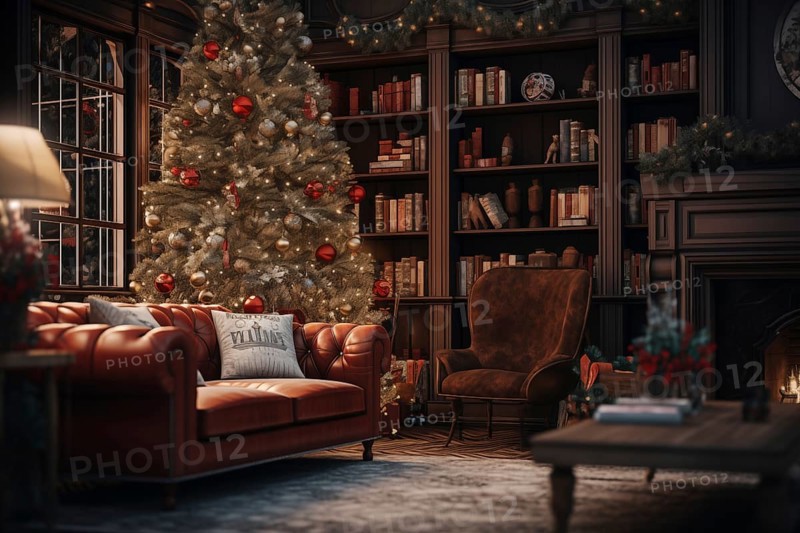 A cozy interior living room decorated for Christmas with a Christmas tree. The image captures the warm and inviting atmosphere of the holiday season, AI generated