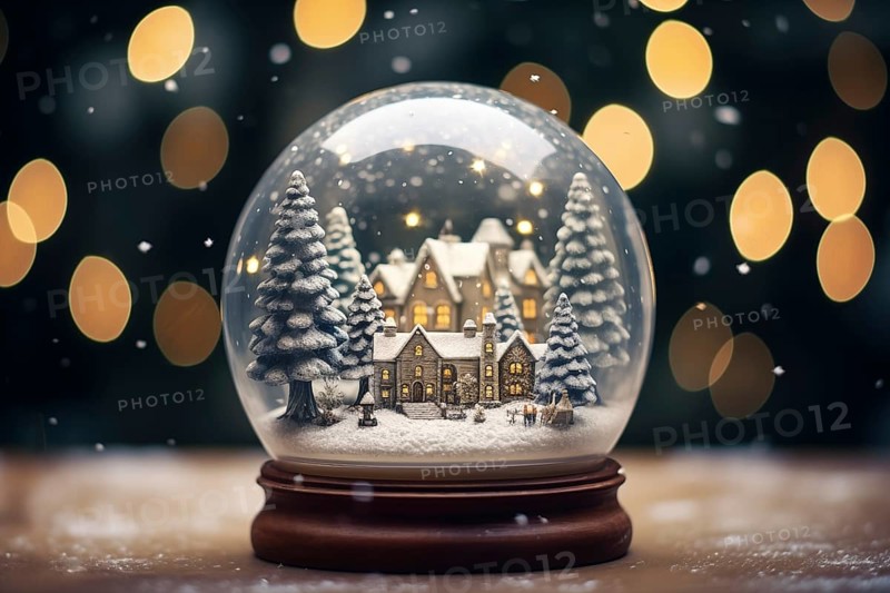 Winter Wonderland with house and trees in Glass Ball Snow Globe on table and blurred bokeh background, AI generated