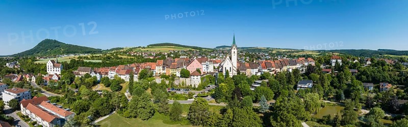 Aerial panorama of the town of Engen, on the left on the horizon the Hegau volcano Hohenhewen, district of Constance, Baden-Württemberg, Germany, Europe