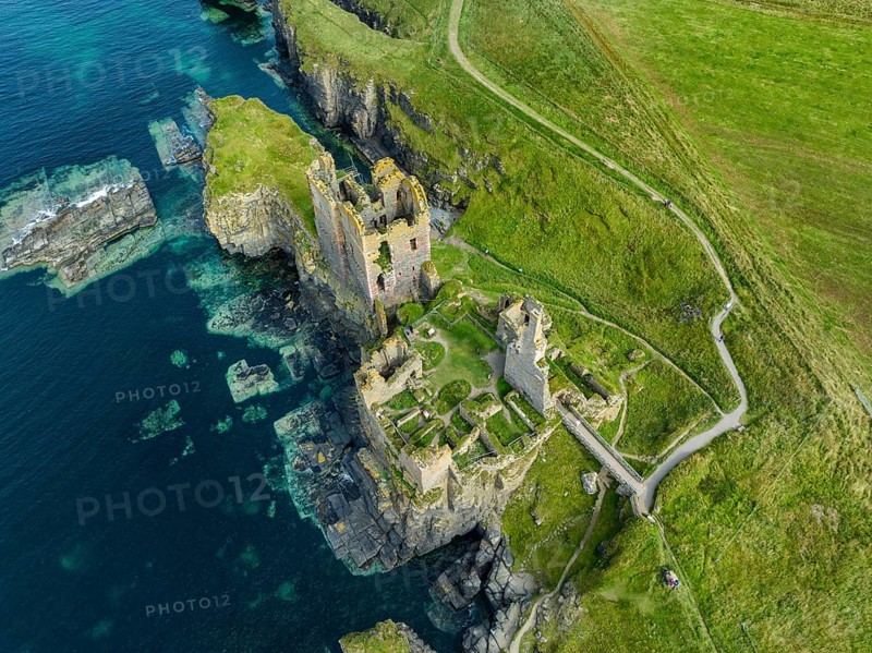 Aerial view of Girnigoe and Sinclair Castle ruins, rock castle on the North Sea coast, Wick, County Caithness, Scotland, United Kingdom, Europe