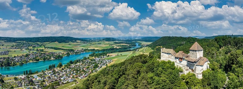 Aerial panorama of Hohenklingen Castle near Stein am Rhein, Canton Schaffhausen, Switzerland, Europe