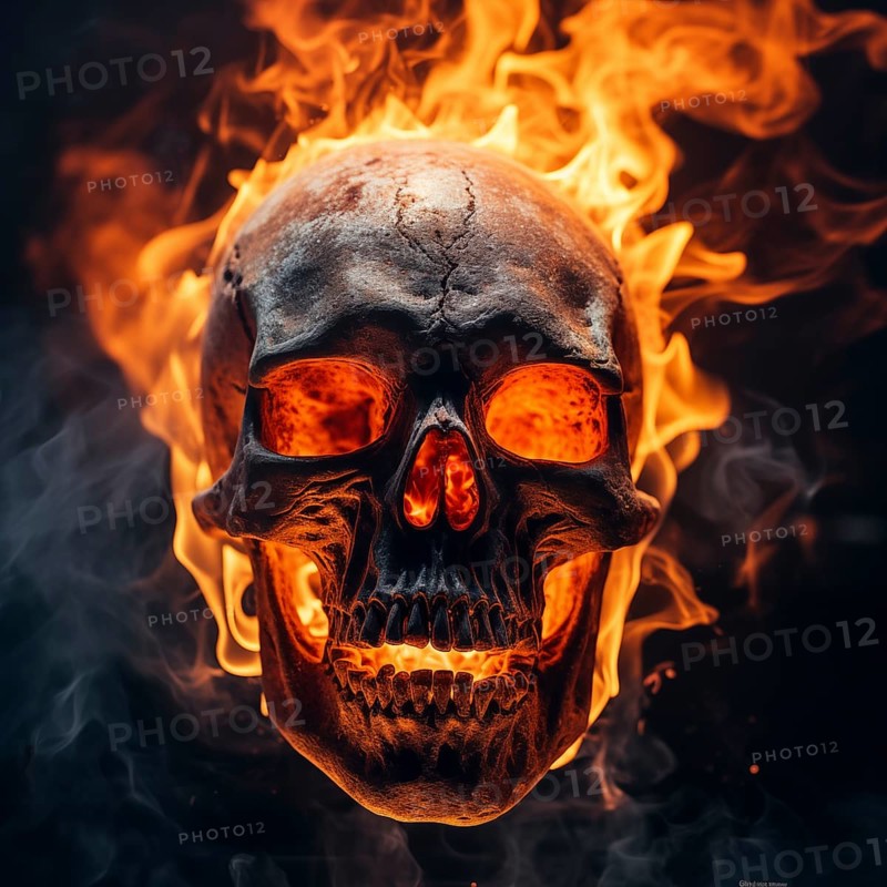 Spooky and scary burning skull on a dark background. Perfect for Halloween or horror-themed projects, AI generated