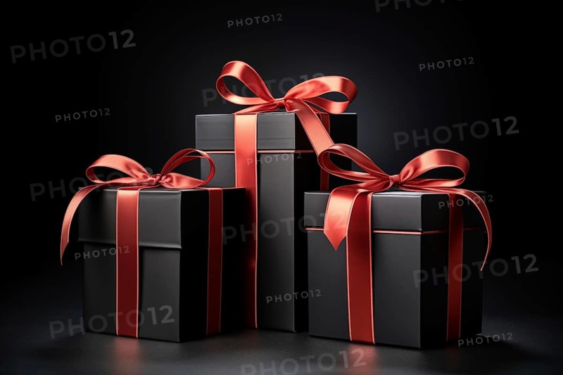 A black Friday Sale concept with black present boxes with red ribbons on a black background, AI generated