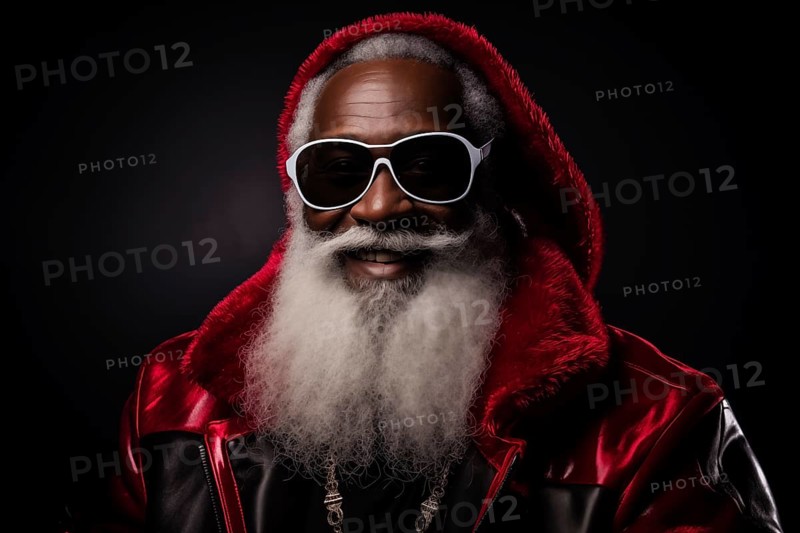 Modern black Santa Claus in Santa hat with sunglasses and long white beard, smiling while looking at camera against a dark background. Festive and cheerful spirit of the holiday season, AI generated