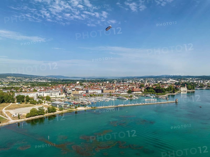 Aerial view of the city of Constance with the Lake Constance harbour, on the left the Sealife Center, Kreuzlingen, Canton Thurgau, Switzerland, Europe