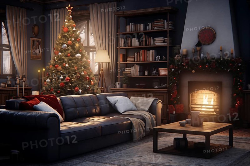 A cozy interior living room with burning fireplace decorated for Christmas with a Christmas tree. The image captures the warm and inviting atmosphere of the holiday season, AI generated