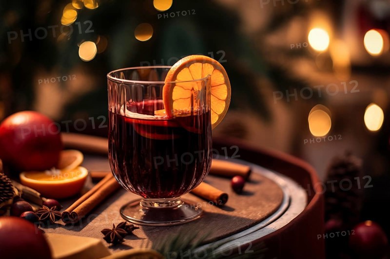 Glass of traditional mulled wine with orange and cranberry garnishes on a cozy Christmas table. The background is blurred with bokeh lights and candles, creating a warm and festive atmosphere, AI generated