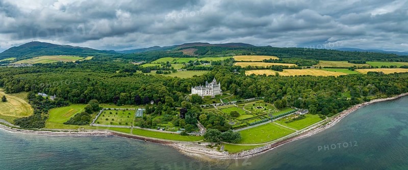 Aerial panorama of Dunrobin Castle, Golspie, Sutherland, Highlands, Scotland, United Kingdom, Europe