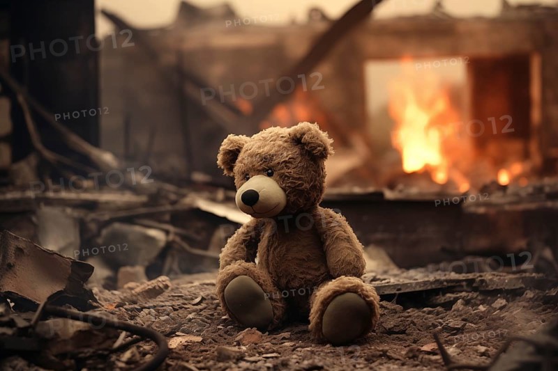 A poignant concept image depicting the tragic impact of war on children. A sad teddy bear toy sits amid the ruins of a house destroyed by conflict, symbolizing the loss and despair caused by war, AI generated