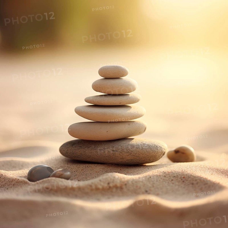 Zen stones stack on sand waves in a minimalist setting for balance and harmony. Balance, harmony, and peace of mind, wellness, meditation, and spirituality concept, AI generated