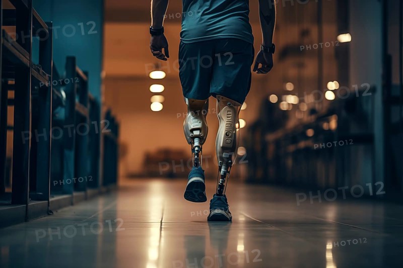Amputee sportsman walking in corridor with bionic prosthetic legs prosthesis with robotic technology. Advancements in medical science and engineering, determination, strength, progress of the disabled, AI generated