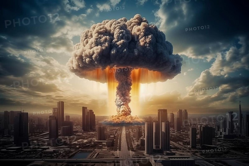 Nuclear blast and mushroom cloud in a city skyline. The explosion is destroying buildings and causing chaos and destruction. Apocalyptic mood. Devastation of war or the aftermath of a disaster, AI generated