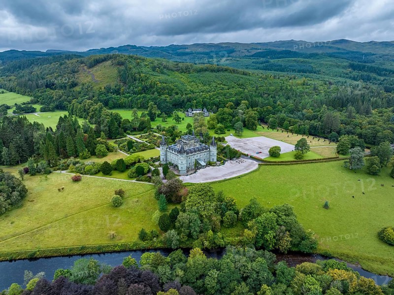 Aerial view of Inveraray Castle seen from the east, Argyll and Bute, Scotland, United Kingdom, Europe