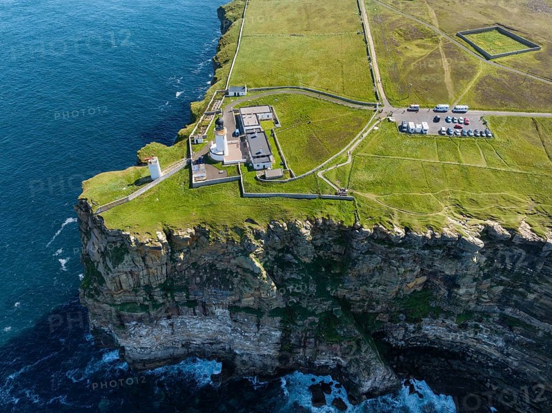 Aerial view of Dunnet Head with the lighthouse, the northernmost point of the British main island, County Caithness, Scotland, Great Britain