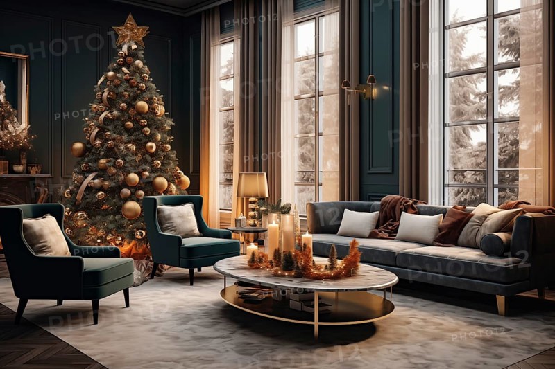 A cozy interior living room decorated for Christmas with a Christmas tree. The image captures the warm and inviting atmosphere of the holiday season, AI generated