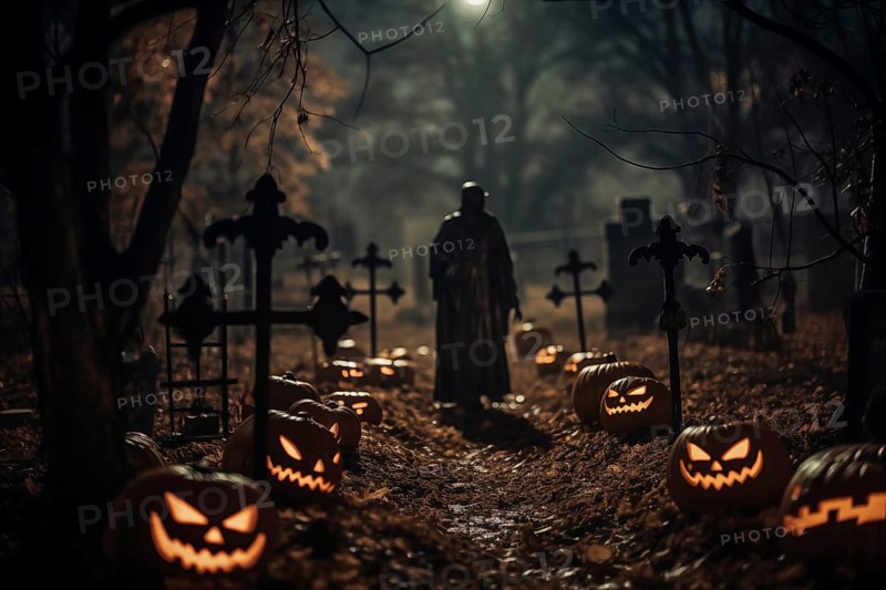 Halloween concept, spooky graveyard at night under full moon with Halloween jack-o-lantern pumpkins with glowing eyes, graves and tombstones, AI generated