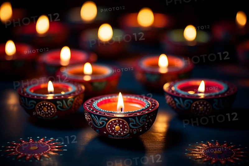 Diwali indian festival of lights background, burning diya lamps on a decorated table close up, AI generated