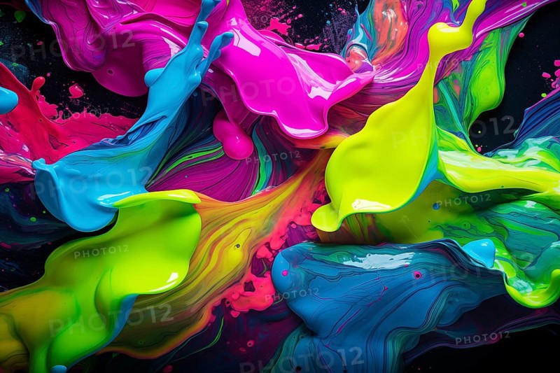 Abstract background of vibrant colorful neon colored paint splashes on black background, AI generated