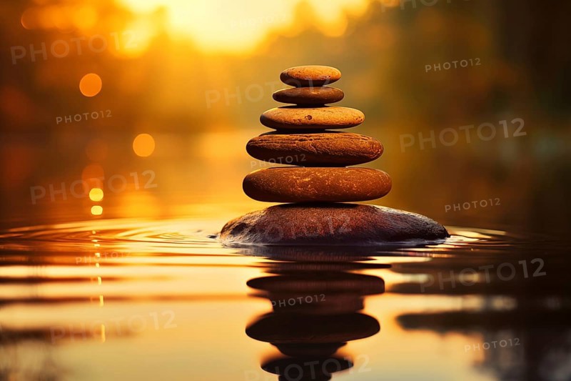Stack of zen stones on water with a nature background. The image conveys a sense of balance, harmony, and peace. Suitable for use in wellness, therapy, and relaxation concepts, AI generated