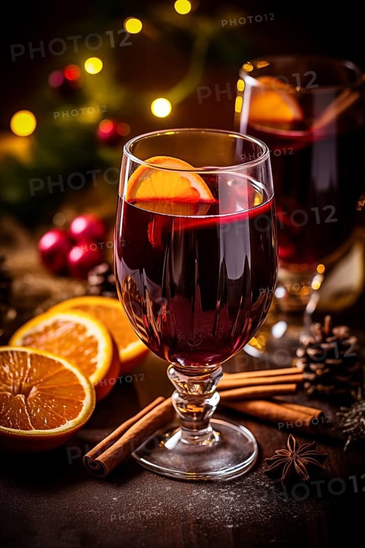 Glass of traditional mulled wine with orange and cranberry garnishes on a cozy Christmas table. The background is blurred with bokeh lights and candles, creating a warm and festive atmosphere, AI generated