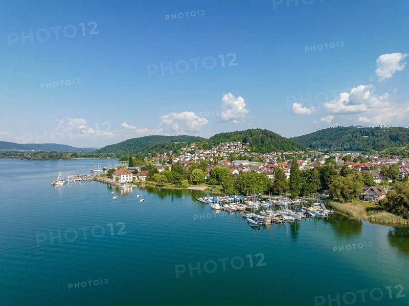 Aerial view of Lake Constance with the municipality of Bodman-Ludwigshafen with the marina and old customs house, Hegau, Constance County, Baden-Württemberg, Germany, Europe