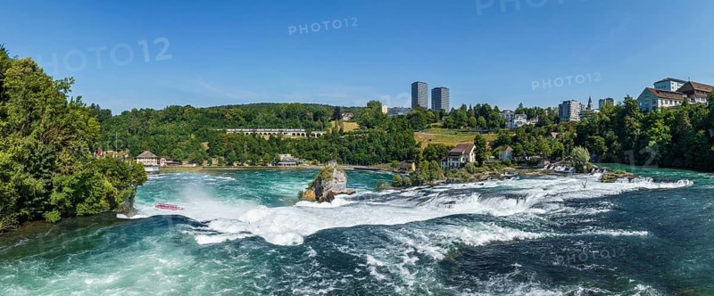 Aerial panorama of the Rhine Falls, viewing terrace on the left, Neuhausen, Canton Schaffhausen, Switzerland, Europe