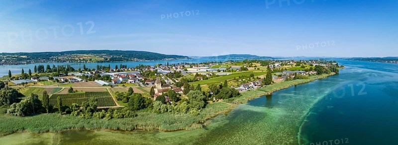 Aerial panorama of Reichenau Island with St. George's Church, Oberzell, Reichenau, UNESCO World Heritage Site, Constance County, Baden-Württemberg, Germany, Europe