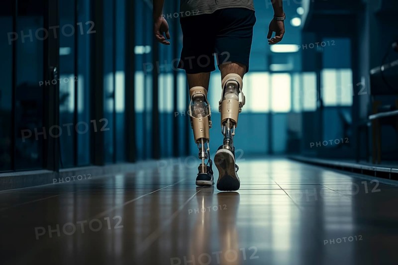 Amputee sportsman walking in corridor with bionic prosthetic legs prosthesis with robotic technology. Advancements in medical science and engineering, determination, strength, progress of the disabled, AI generated