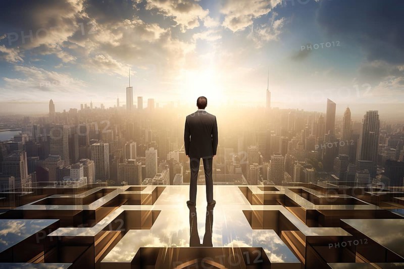 Man in a suit standing on a rooftop with a view of the city skyline at sunrise with clouds and rising sun on horizon. Concept of ambition, success, and leadership, AI generated