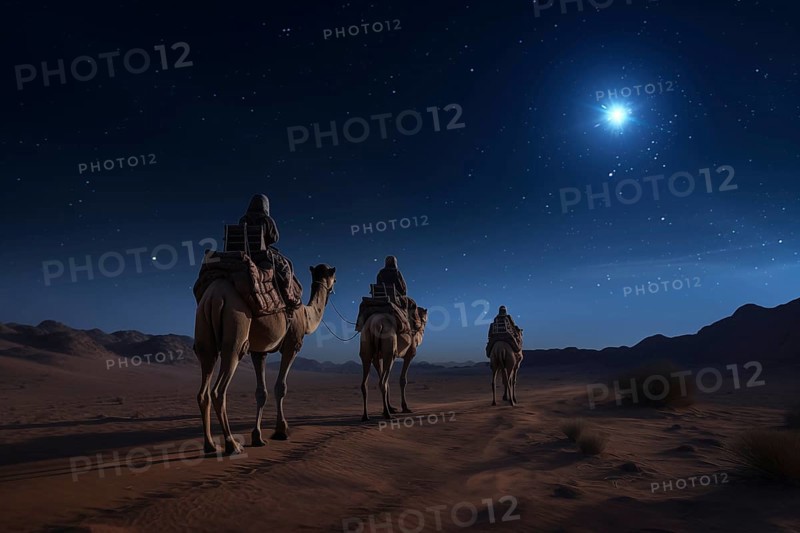 Christmas Jesus birth concept, Adoration of the Magi, Three Wise Men, Three Kings, and the Three biblical Magi with camel silhouettes journeying in sand dunes of desert follow Bethlehem star at night, AI generated