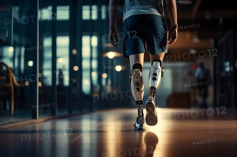 Amputee sportsman walking in corridor with bionic prosthetic legs prosthesis with robotic technology. Advancements in medical science and engineering, determination, strength, progress of the disabled, AI generated